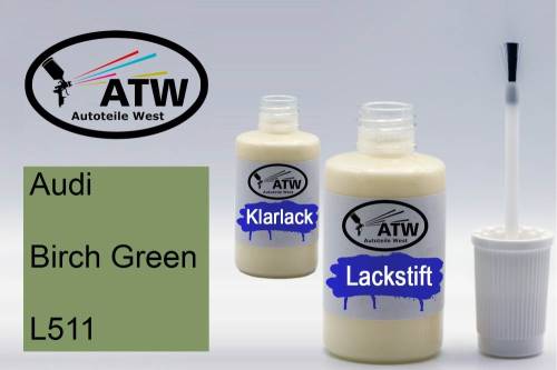 Audi, Birch Green, L511: 20ml Lackstift + 20ml Klarlack - Set, von ATW Autoteile West.